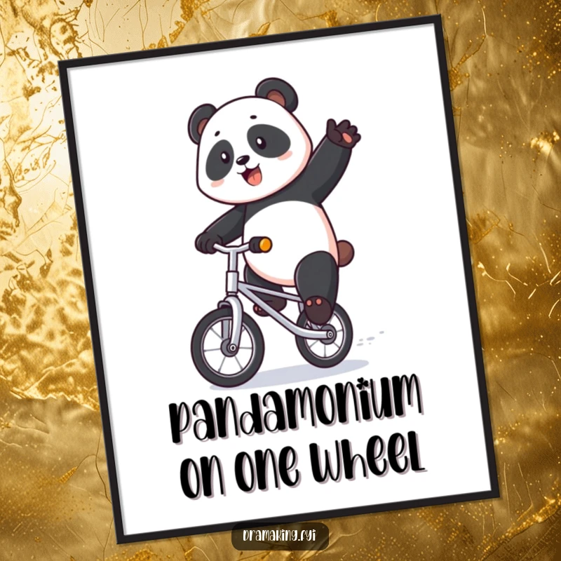 Funny Free Printable Wall Art of a panda majestically balancing on a tiny unicycle with exaggerated flair and a showman's attitude.