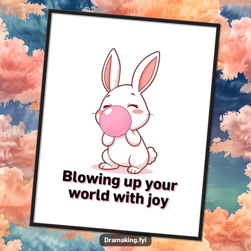 Funny Free Printable Wall Art: A happy rabbit concentrating hard on blowing an impressively large, translucent bubblegum bubble, whimsical decor.