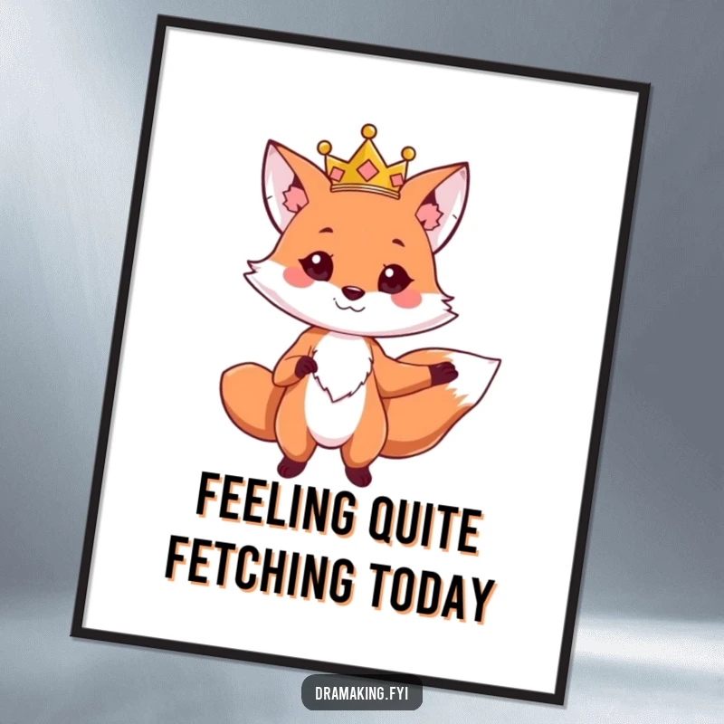 Funny Free Printable wall art: a cute fox sporting a golden crown strikes a theatrical pose, adding regal humor to any room.