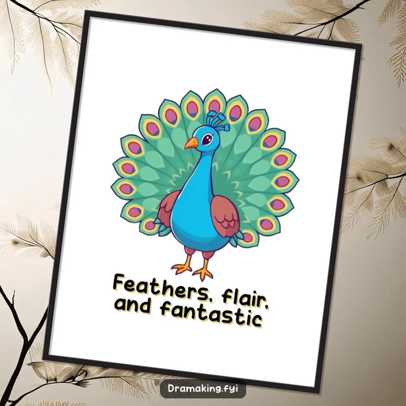 Funny Free Printable Wall Art of a peacock striking a dramatic, regal pose with its large, fanned-out tail feathers, exuding confidence.