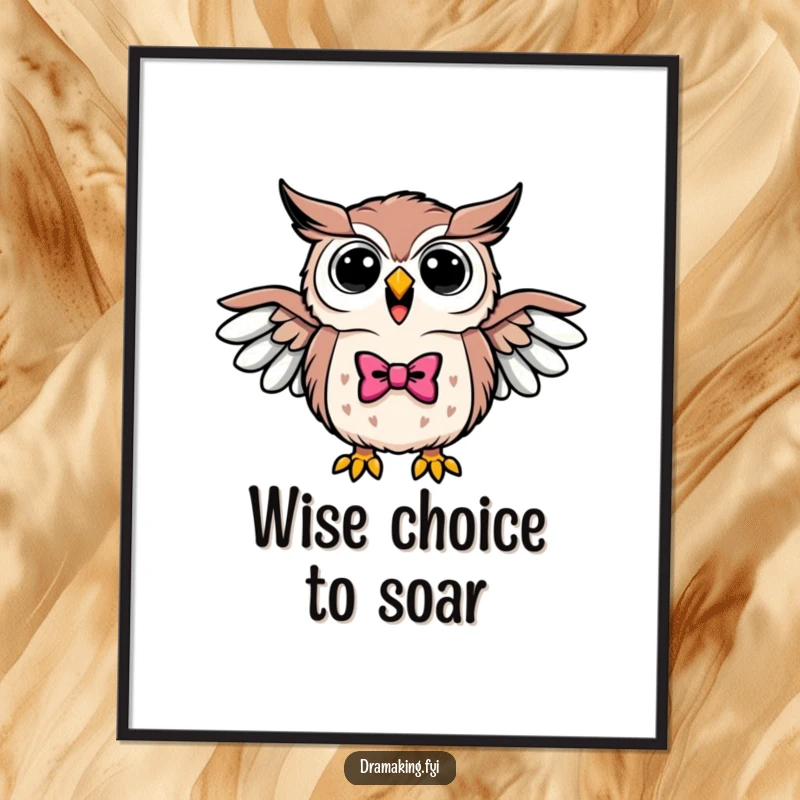 Funny Free Printable Wall Art: A triumphant owl wearing a bowtie hoots loudly with wings outstretched, looking sharp.