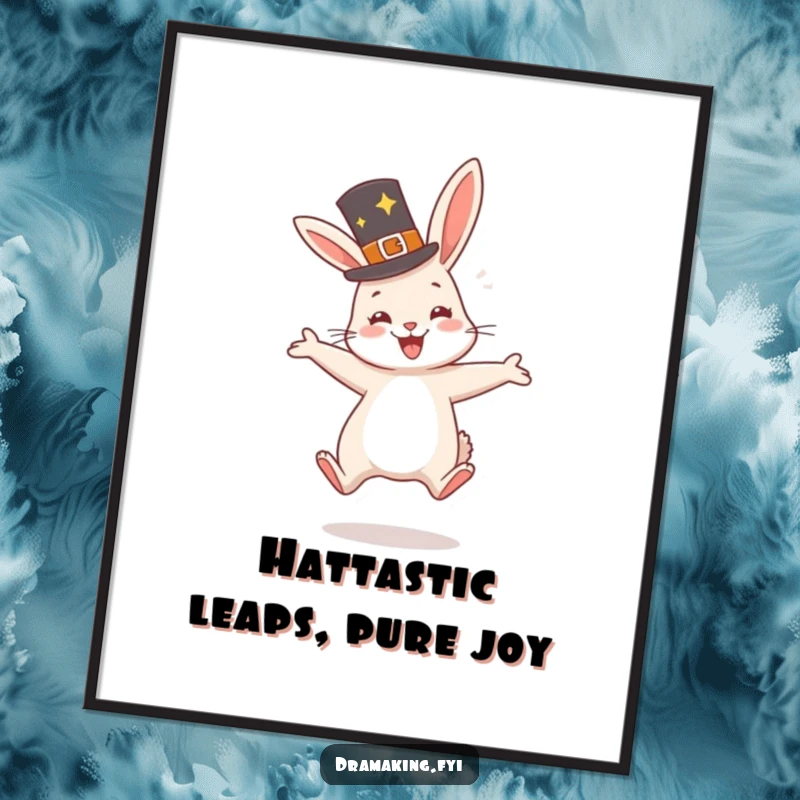 Funny free printable wall art of a very happy rabbit wearing a fancy hat, jumping with glee, adding cheerful decor.