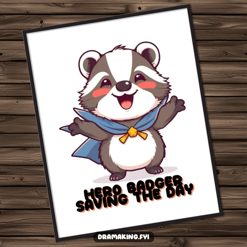 Funny Free Printable Wall Art of a joyful badger wearing a tiny cape, striking a confident heroic pose. Perfect downloadable home decor.