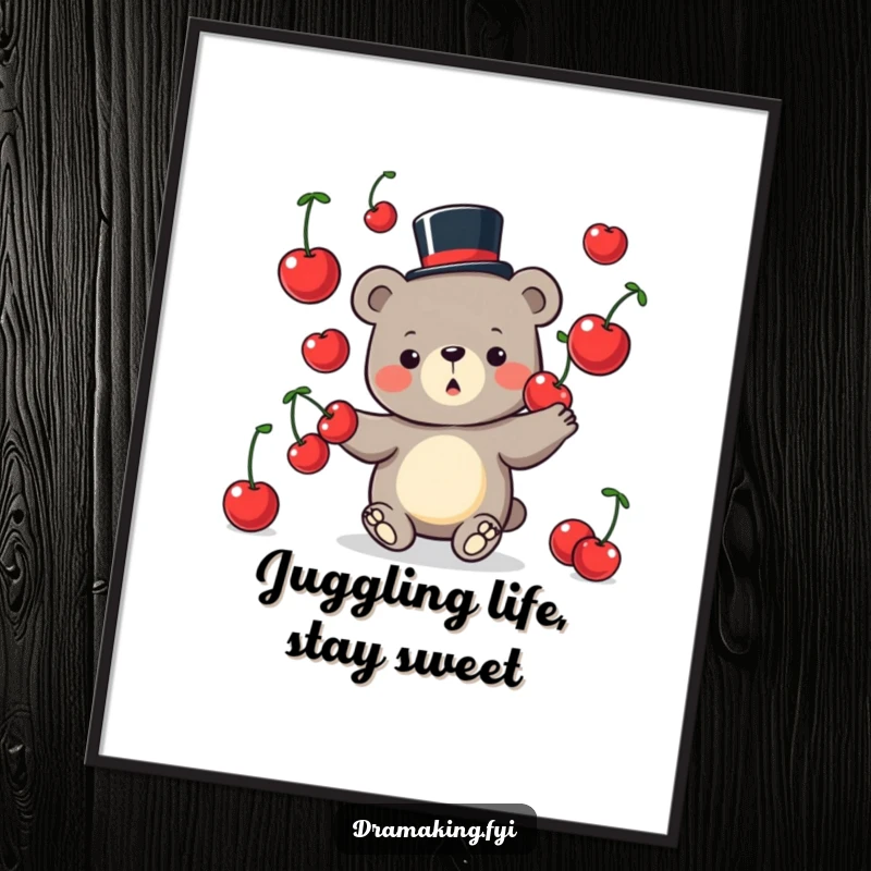 Free printable wall art: a cute, silly bear in a tiny top hat, juggling several oversized cherries.