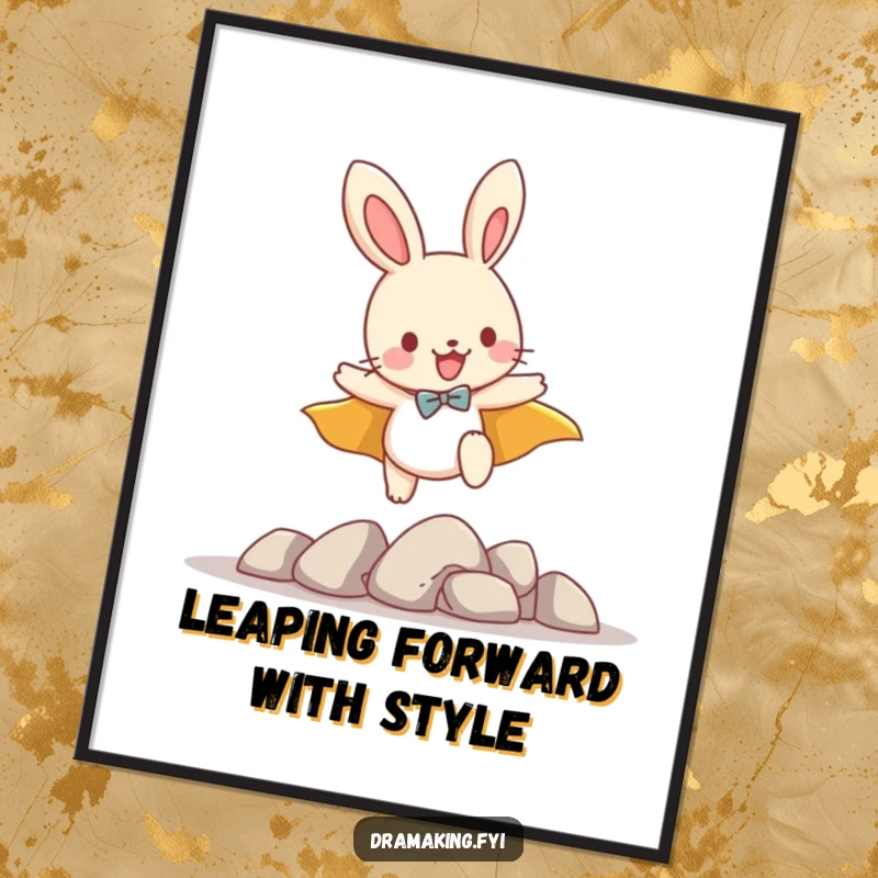 Funny Free Printable wall art: a cheerful bunny wearing a cape mid-air, leaping heroically over imagined challenges with playful energy.
