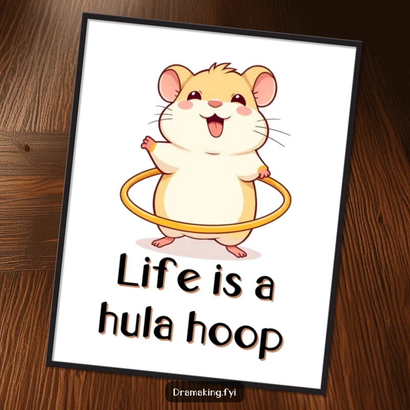 Funny Free Printable Wall Art: Cheerful hamster excitedly spins a miniature hula hoop, energetic downloadable.