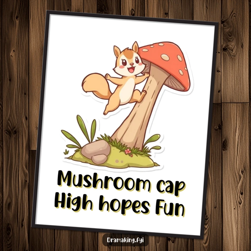 Funny Free Printable Wall Art: An energetic squirrel leaping with excitement from a tall mushroom, full of life and fun.