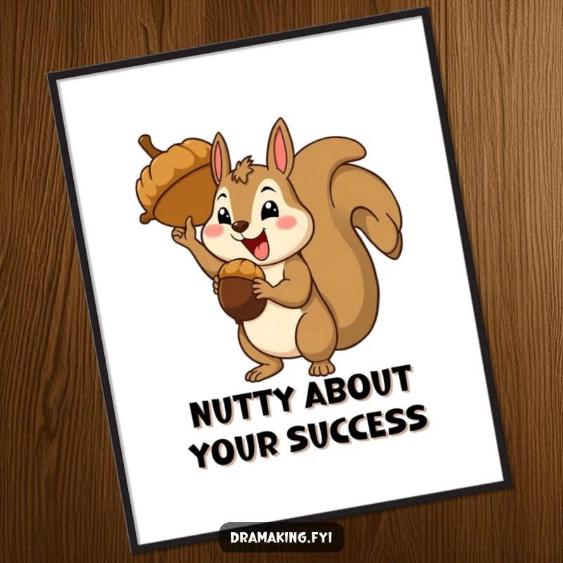 Funny Free Printable Wall Art: A happy squirrel strikes a theatrical pose with a giant acorn, celebrating a big win.