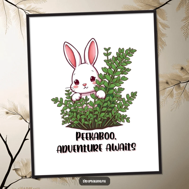 Funny Free Printable Wall Art: A curious rabbit with big eyes peeks from behind a vibrant green fern.