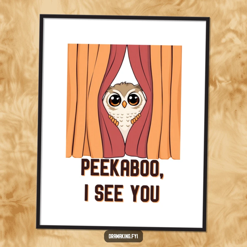 Funny Free Printable Wall Art: Curious owl peeks from behind a dramatic curtain, surprised by attention. Quirky and cute.