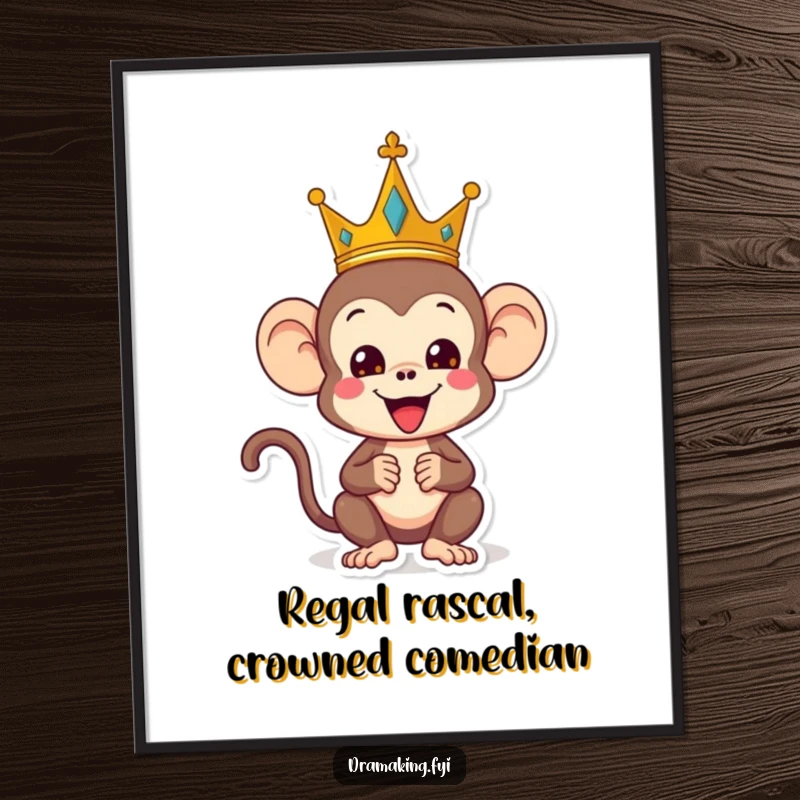 Funny Free Printable Wall Art: A playful monkey wears a crown and strikes a regal yet comically silly pose.