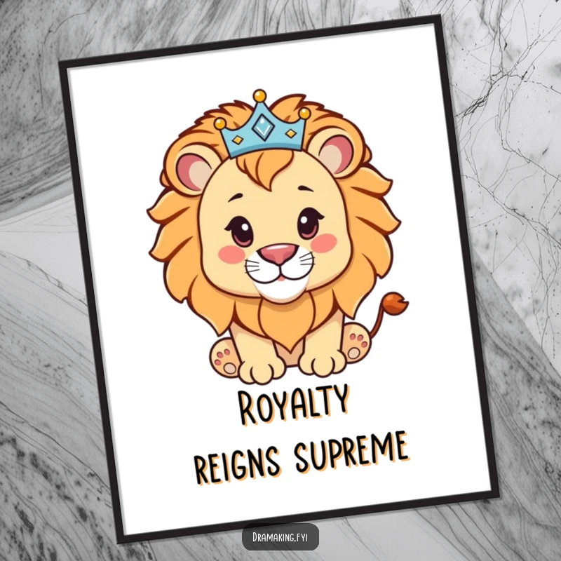 Funny Free Printable Wall Art: A proud lion cub sits regally with a small, sparkly crown, exuding confidence.