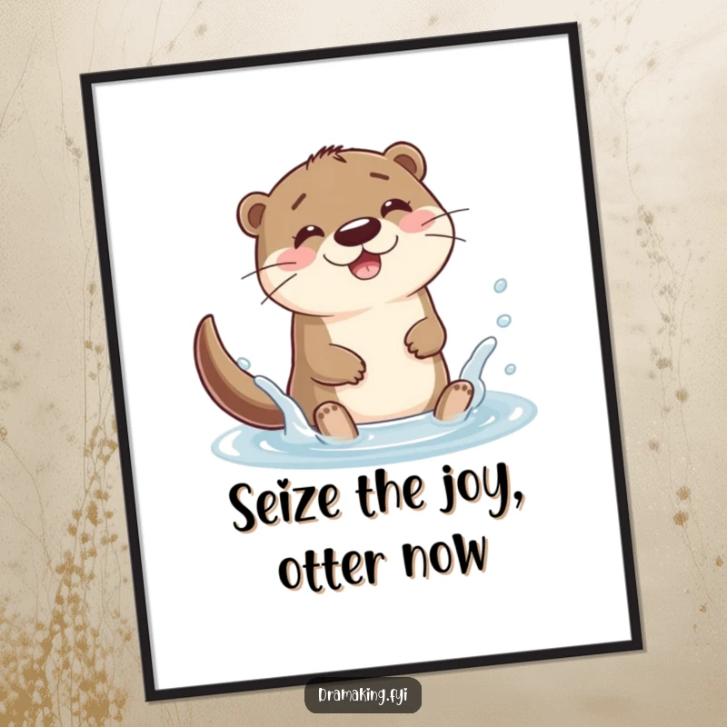 Funny Free Printable Wall Art: A happy otter joyfully splashes in a puddle, radiating pure delight.
