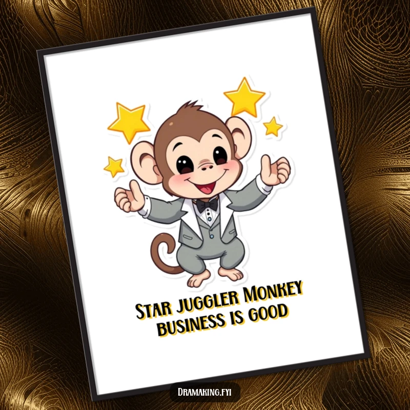 Funny Free Printable Wall Art: A playful monkey dressed in a tuxedo juggles three shining stars.