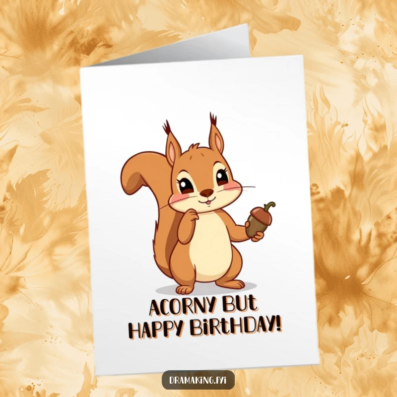 Funny Free Printable Birthday Card: a squirrel dramatically pointing a tiny acorn like a royal scepter, looking quite pleased with itself.