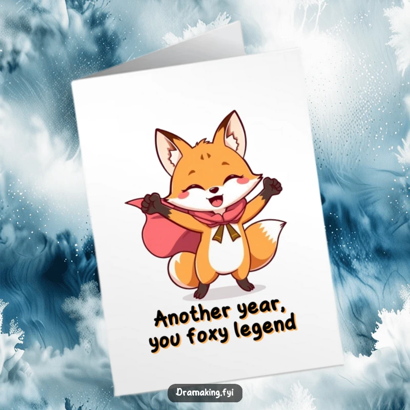 Funny Free Printable Birthday Card: Joyful fox in a flowing cape strikes a triumphant pose, ready for celebration.