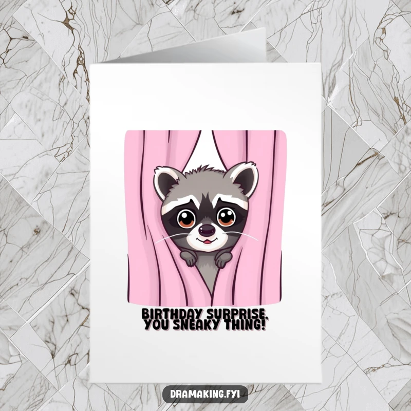 Funny Free Printable Birthday Card: A mischievous raccoon peeking with wide eyes from behind a curtain, plotting birthday fun.