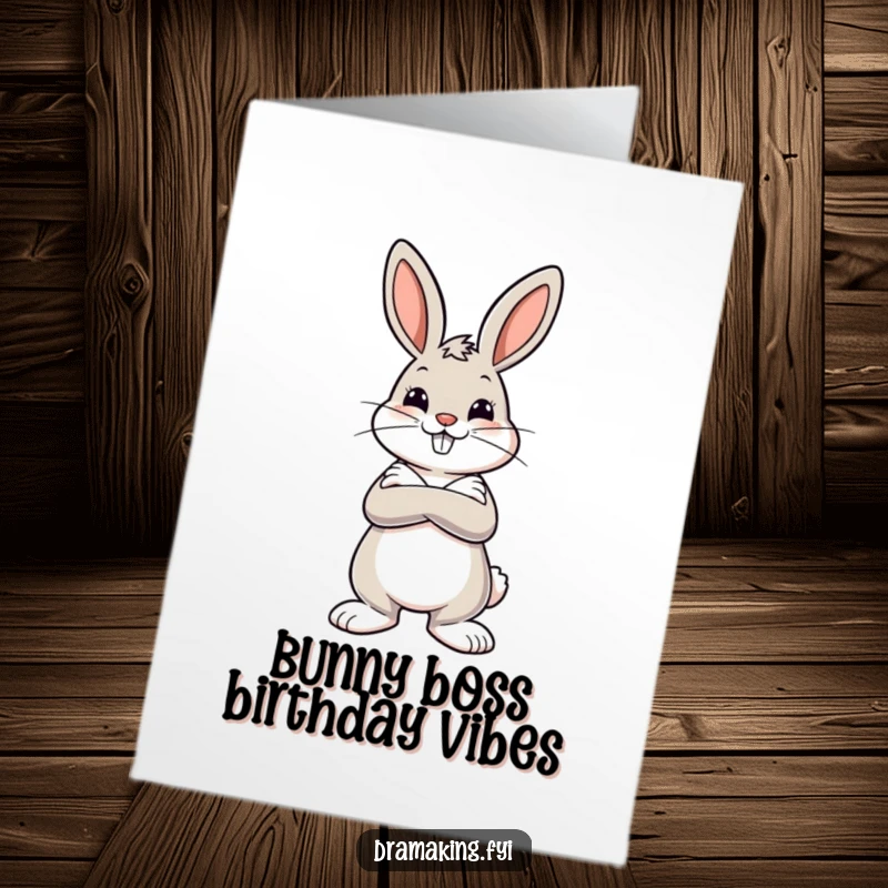 Funny Free Printable Birthday Card: A cheerful bunny stands with crossed arms in a dramatic pose, ready to celebrate.