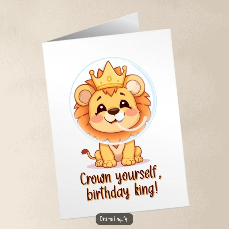 Funny Free Printable Birthday Card: Cheerful lion cub blowing a large bubble reflecting a tiny crown, celebrating a royal birthday.