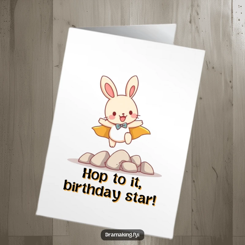 Funny Free Printable birthday card: a playful bunny wearing a red cape leaps heroically over imaginary obstacles with determination.