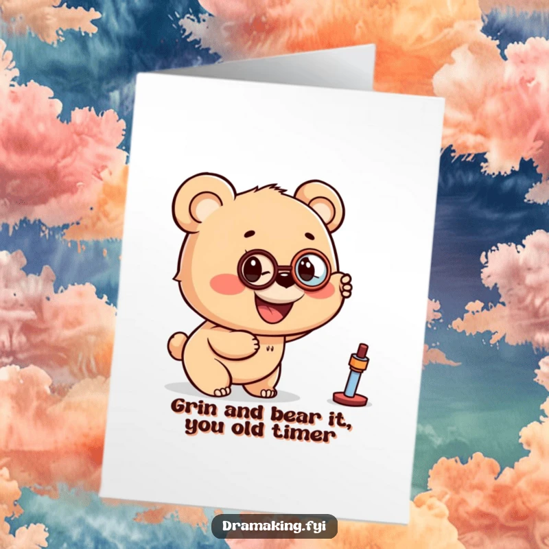 Funny Free Printable Birthday Card: Smiling bear cub wearing a monocle points excitedly at something off-card.