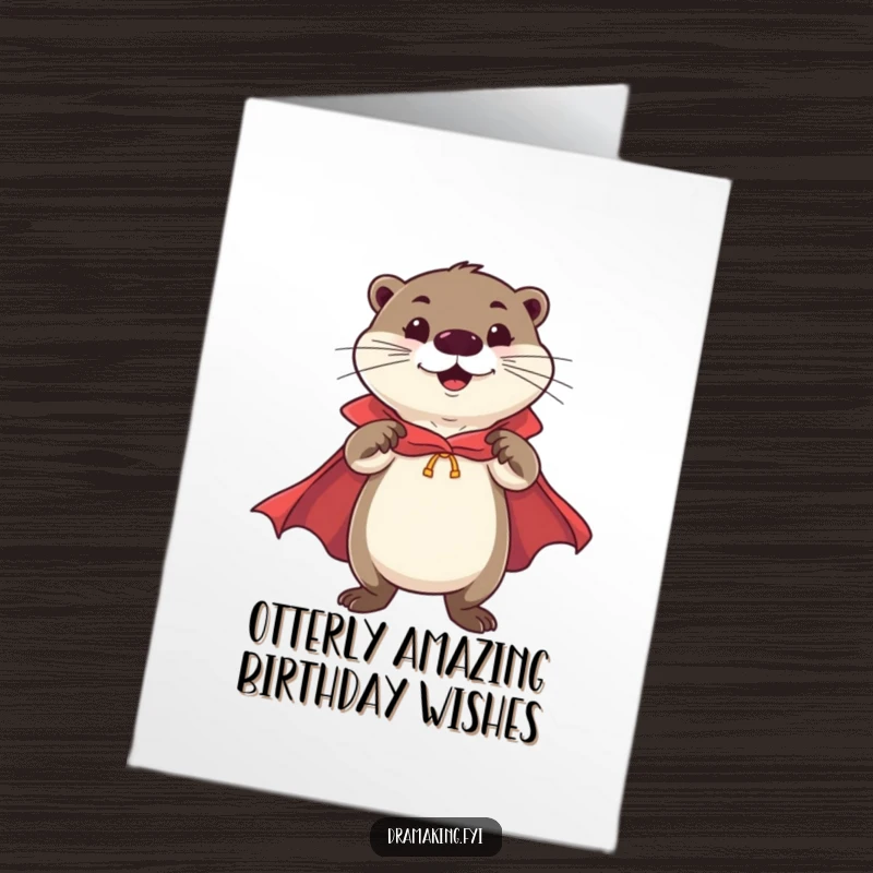 Funny Free Printable Birthday Card: A cheerful otter in a cape strikes a flamboyant, confident superhero pose.