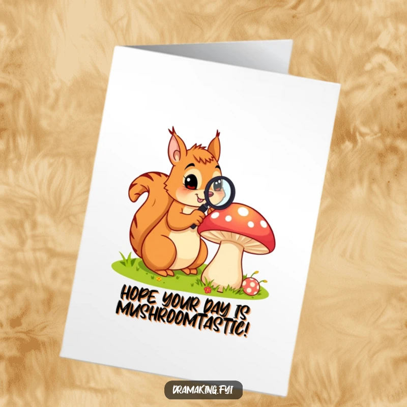 Funny Free Printable Birthday Card: Squirrel with a magnifying glass, examining a mushroom, curious birthday exploration, downloadable.