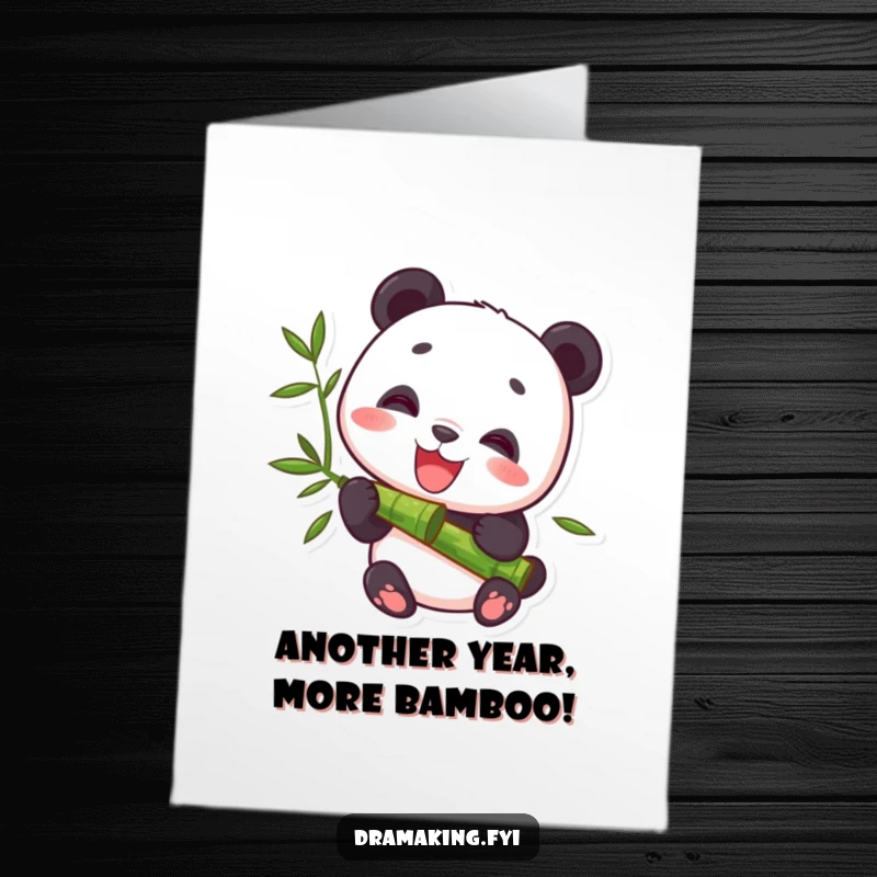 Funny Free Printable Birthday Card: A cute, delighted panda happily munching on a fresh bamboo stalk. A peaceful and happy scene.