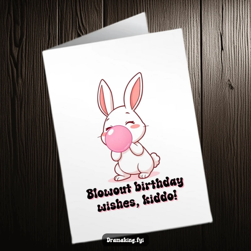 Funny Free Printable Birthday Card: Happy rabbit blowing an enormous pink bubblegum bubble with glee, perfect for a lighthearted celebration.