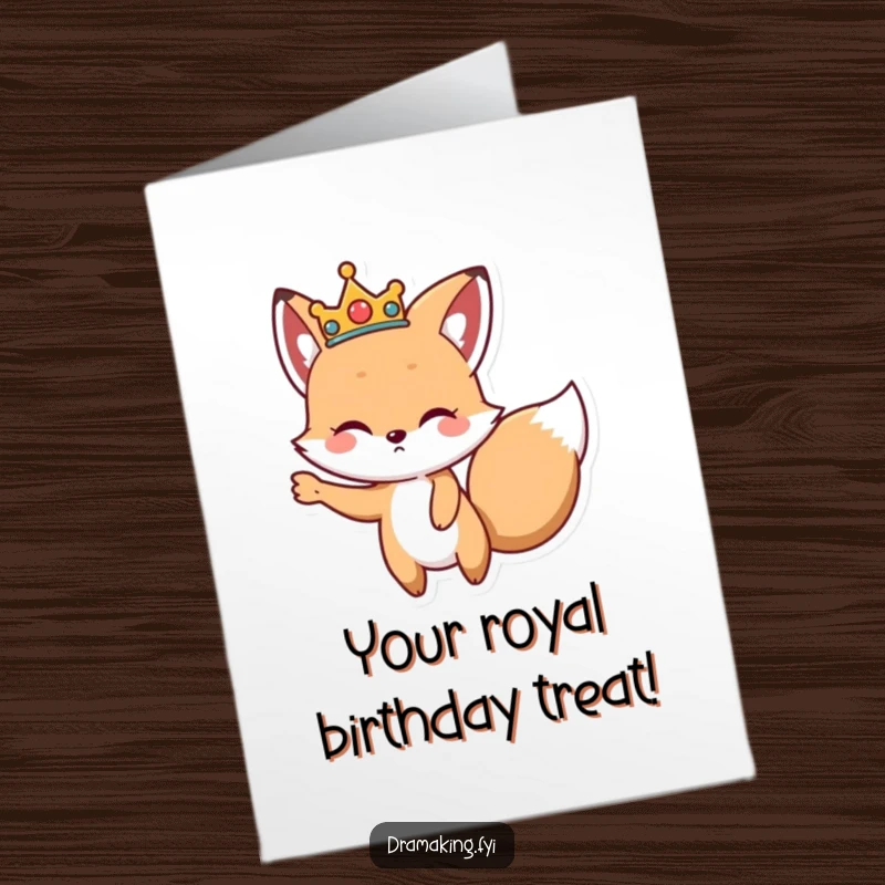 Funny Free Printable Birthday Card: Cute fox in a crown strikes a dramatic pose, proclaiming a grand birthday.