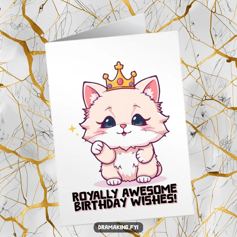 Funny Free Printable Birthday Card: Fluffy cat in a crown dramatically points at a sparkling object, regal & hilarious.