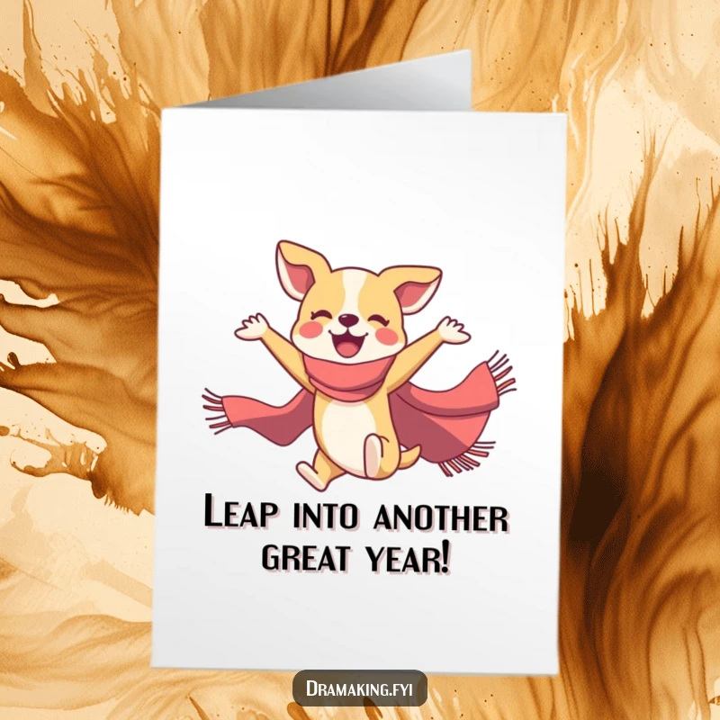 Funny Free Printable Birthday Card: Joyful puppy in flamboyant scarf pirouettes mid-air, ready to celebrate.