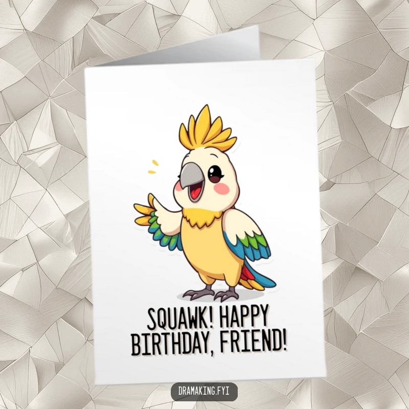 Funny Free Printable Birthday Card: Colorful parrot dramatically announces birthday wishes with flair.