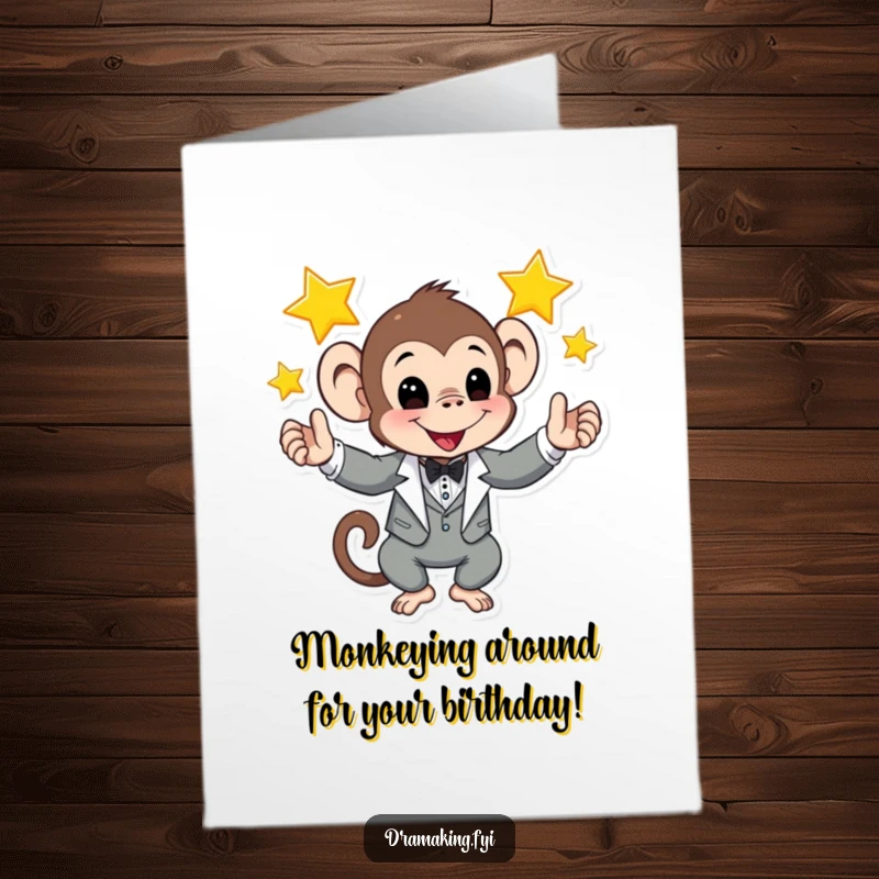 Funny Free Printable Birthday Card: A playful monkey in a tuxedo juggles three shining stars.