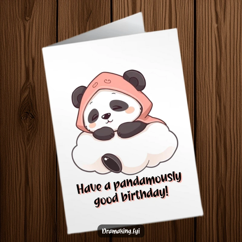 Funny Free Printable Birthday Card: A contented panda with a tiny cape naps peacefully on a fluffy cloud.
