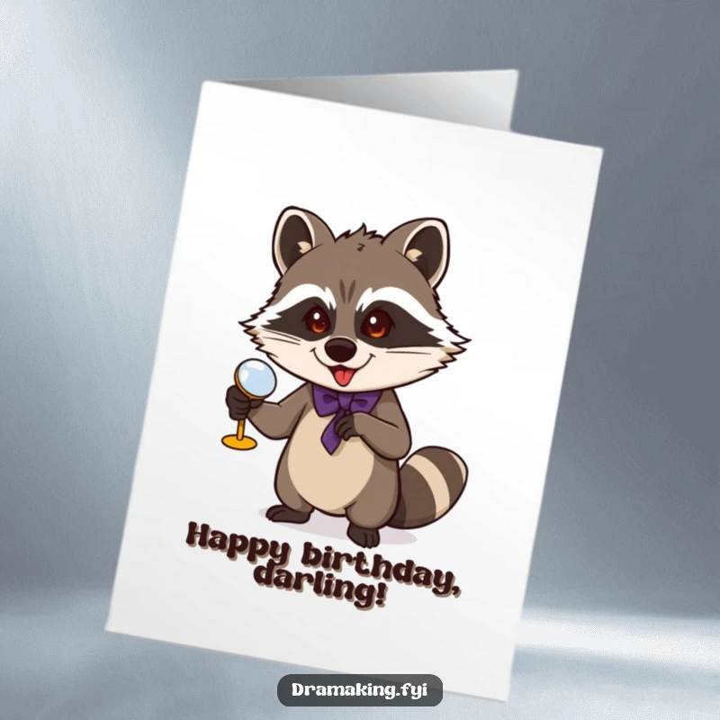 Funny Free Printable Birthday Card: A raccoon with opera glasses makes a grand gesture, celebrating a birthday performance.