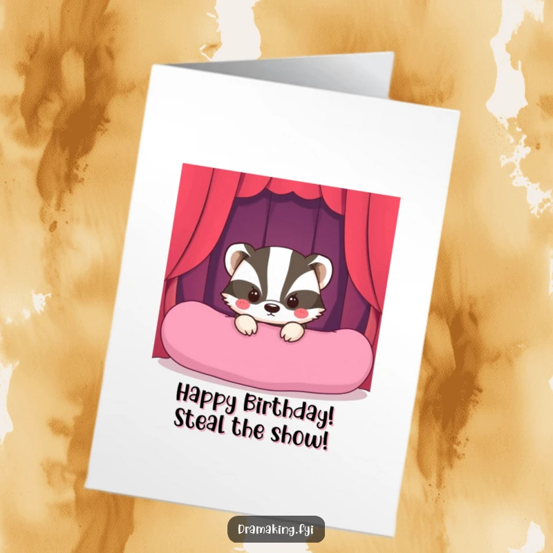 Funny free printable birthday card: A shy badger peeks from behind a giant cushion, bashfully ready for the birthday spotlight.
