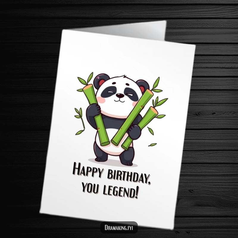 Funny Free Printable Panda Birthday Card: Panda winking, juggling bamboo shoots with intense concentration, celebrating with flair.