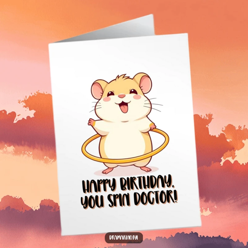 Funny Free Printable Birthday Card: Cheerful hamster excitedly spins a miniature hula hoop, adorable downloadable.