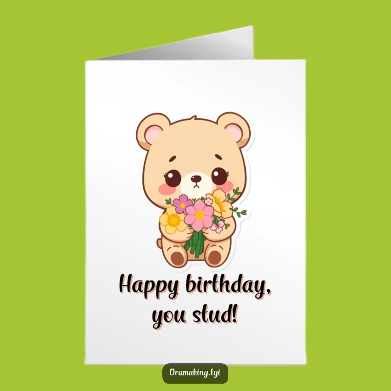 Free Printable Birthday Card: Proud Bear with Flowers - Downloadable Gift