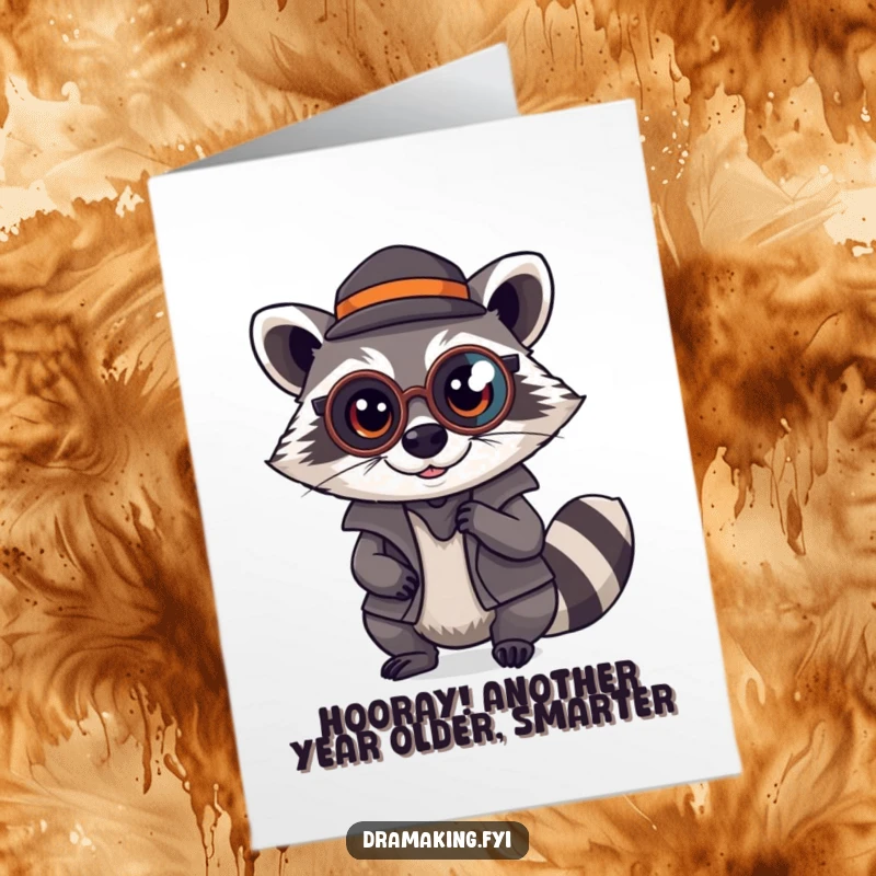 Funny Free Printable Birthday Card featuring a mischievous raccoon detective wearing a monocle, investigating a birthday surprise.