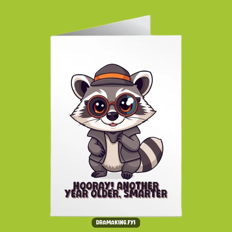 Free Printable Birthday Card: Raccoon Detective, Funny Monocole, Downloadable Quirky Gift