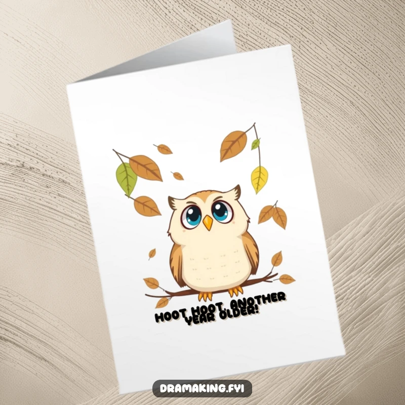 Funny Free Printable Birthday Card: Surprised owl with wide eyes, looking up at comically large falling leaves, a moment of pure shock.