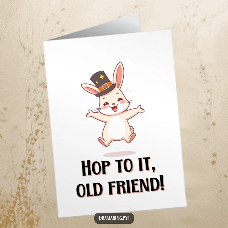 Funny free printable birthday card of a very happy rabbit in a fancy hat jumping with glee, celebrating enthusiastically.