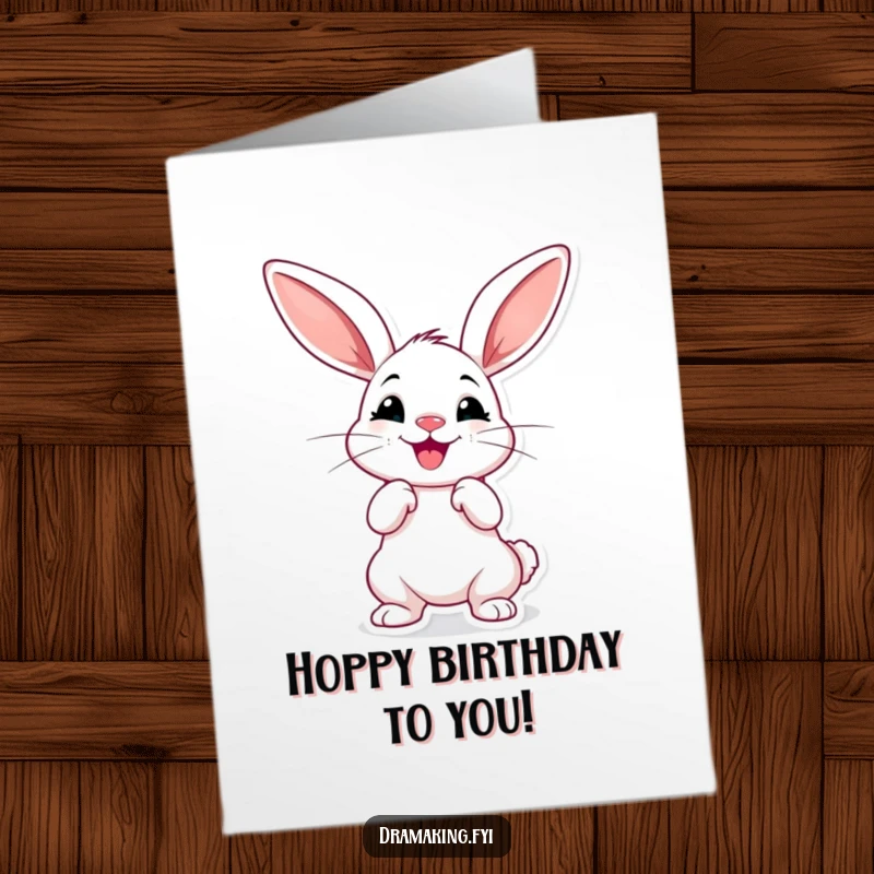 Funny Free Printable Birthday Card featuring a cheerful rabbit with huge ears striking a dramatic pose.