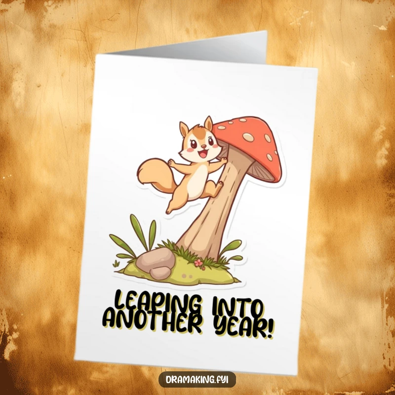 Funny Free Printable Birthday Card: Energetic squirrel mid-air leap from a mushroom, celebrating with joy. A dynamic and fun design.
