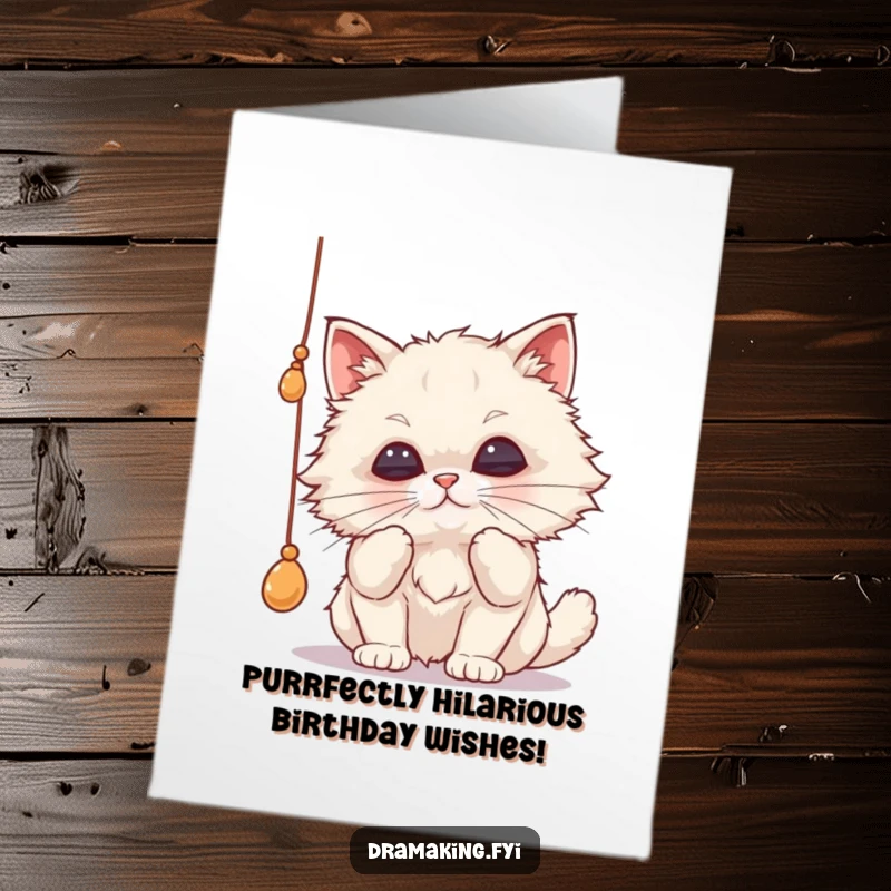 Funny Free Printable Birthday Card: a fluffy cat intensely batting at a dangling string with comically pursed lips, lost in the moment.