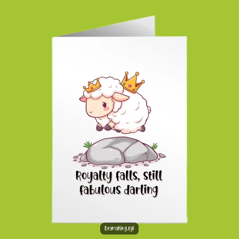 Free Printable Funny Sheep Birthday Card: Crowned Sheep Trips Hilariously - Downloadable Gift