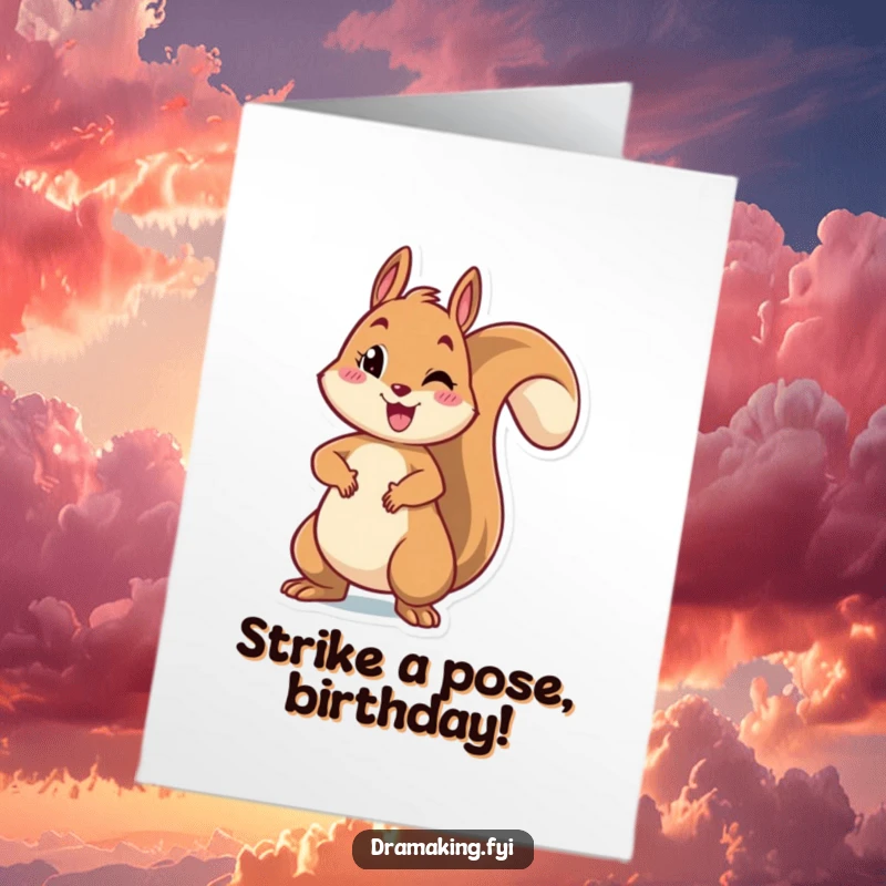 Funny Free Printable Birthday Card: A cheerful squirrel striking a dramatic pose with arms outstretched, looking proud and ready for applause.