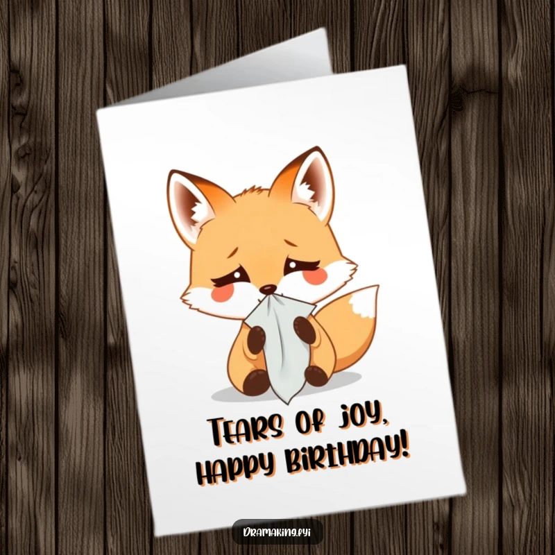 Funny Free Printable Birthday Card: Small fox weeping dramatically into a tiny handkerchief, looking utterly heartbroken but comical.